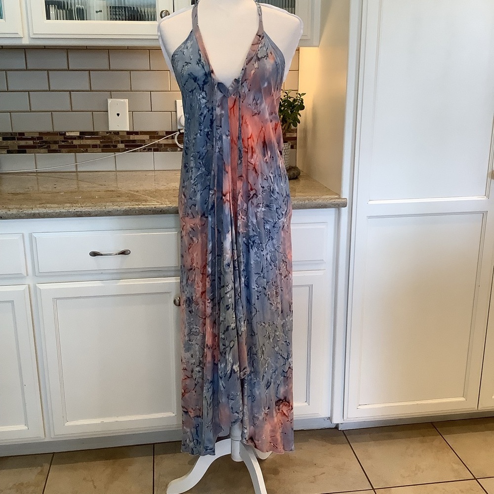 Happy Bohemians Halter Maxi Dress Blue Watercolor Print OS Made in Bali